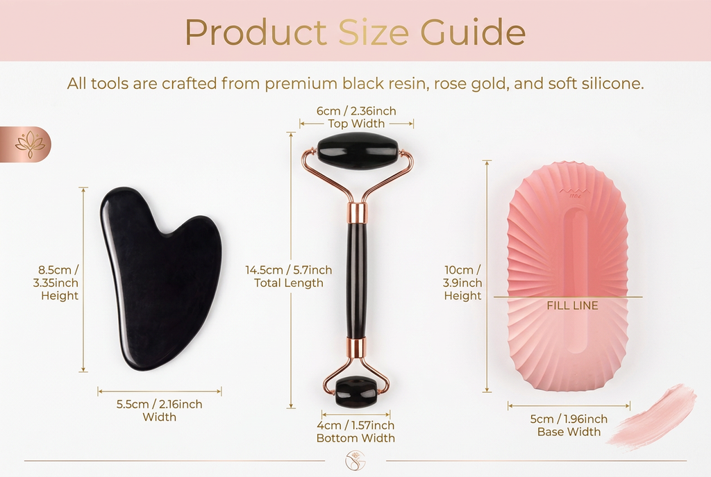 Elegant product size chart for Complete Facial Skincare Set with premium spa aesthetic