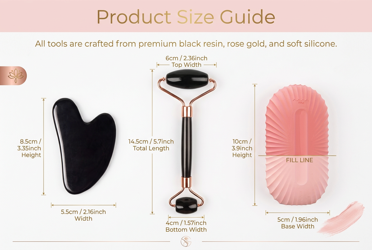 Elegant product size chart for Complete Facial Skincare Set with premium spa aesthetic