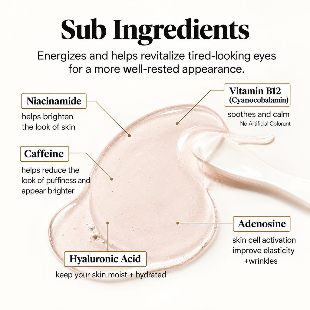 Sub ingredients infographic - Niacinamide, Caffeine, Hyaluronic Acid, Vitamin B12, Adenosine